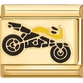 Detail eines goldenen italienischen Charm-Glieds mit Motorrad-Emaille-Inlay - 1508-Gold Motorrad