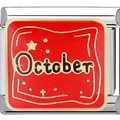 October charm link in silver stainless steel with red enamel and gold star details - October