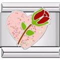 Detailansicht eines italienischen Charms mit rosa Herz und roter Rose auf Edelstahl - 1505-Rosenblüte Rosa Herz