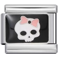 Italian charm link with black enamel skull and pink bow for 9mm modular bracelets - Skull With Bow (1377)