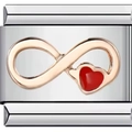 Detail of stainless steel modular charm featuring a rose gold infinity sign and red heart - Eternal Heart (1748)