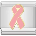 Italian charm link with pink ribbon design and gold trim on stainless steel base - Pink Ribbon Awareness (1750)