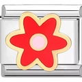 Italian charm bracelet link with red flower design and polished stainless steel finish - Gold Trim Red Flower (1751)