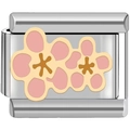 Italian charm link featuring pink floral motifs with golden stars on silver steel - Pink Double Flowers (1369)