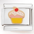 9mm Italian charm link with pink cupcake design and golden trim for DIY bracelet - Cherry Cupcake (1371)