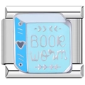 Maillon de charme italien avec design Book Worm bleu clair sur acier inoxydable argent - Rat de Bibliothèque