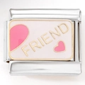 Italian charm link with FRIEND lettering and pink enamel hearts in stainless steel - Pink Heart Friend (1378)