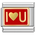 Maillon de bracelet italien en acier argenté de 9mm avec motif coeur I Love You rouge - I Love U Rouge