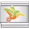Detailed macro view of hummingbird enamel charm on modular stainless steel bracelet link - Flying Woodpecker