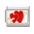Italian modular charm in stainless steel featuring red double hearts and Cupid arrow design - Arrow Through Double Hearts Style