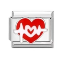 Italian style stainless steel charm featuring a red heart with white ECG pulse design - ECG Heartbeat Style