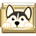 Makro-Detail des goldenen Edelstahl-Charms mit süßem Husky-Hund aus Emaille-Dekor - Husky (1947)