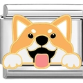 Nahaufnahme eines 9 mm Edelstahl Italian Charm Glieds mit süßem Corgi Hund Emaille-Design - Corgi streckt Zunge heraus (1955)