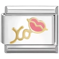 Detail of stainless steel Italian charm with gold XO lettering and pink lip enamel inlay - XO Lips