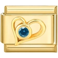 Italienisches 18K Gold Charm-Glied mit blauem Kristallherz für modulare Armbänder - Gold Blau Herz Zirkonia Stil (2265)