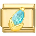 Macro detail of Italian modular charm link with 18K gold finish and teardrop blue gemstone - Gold Blue Drop Zirconia Style (2264)