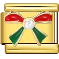 Detail eines 18K Gold-Modul-Charms mit rot-grüner Schleife und Perle für DIY-Armbänder - Gold Rot Grün Schleife Perle Stil (2267)