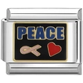 Nahaufnahme eines Italian Charm mit PEACE-Schriftzug, rotem Herz und rosa Schleife - Blau PEACE (2297)