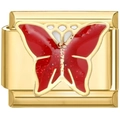 9mm goldfarbenes Edelstahl-Charm für Armband mit einem roten Glitzer-Schmetterling - Roter Schmetterling (2386)