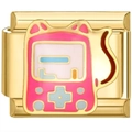 Gold stainless steel link charm featuring a pink retro game console with colorful pixel screen - Retro Game Console (2387)