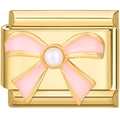 Makroansicht des goldenen Modular-Charms mit rosa Schleife und weißer Perle für Armbänder - Gold Rosa Schleife Perle Stil (2266)
