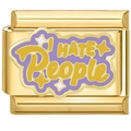 Detail of Italian charm link in gold with purple enamel and I HATE People text - Purple People Slogan(2400)