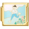 Detail of gold modular link with enamel charm showing a female runner on a white background - Running Figure Style(2399)