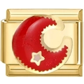 Detailed close-up of a 9mm gold stainless steel Italian charm with a red moon and gold star - Red Moon (2385)