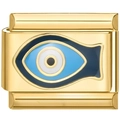 Gedetailleerde macro-opname van een gouden modulaire armbandbedel met blauw vis-oog - Vis Boze Oog(2398)