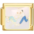 Detail of Italian modular link in gold finish featuring blue and white enamel figure art - Shopping Figure Style(2402)