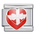 Italienischer Charm-Link mit rotem Emaille-Herz und weißer Schleife aus Edelstahl - Herz Geschenkkarton Stil