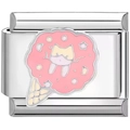 Vista macro dello charm in acciaio inox con zucchero filato rosa e personaggio cartoon - CAT Cono Gelato (2433)