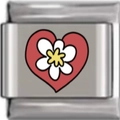 Italian charm bracelet link in stainless steel with a red heart and white flower motif - Floral Heart Style