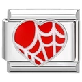 Italian charm link with red spider web heart pattern in silver stainless steel finish - Spider Web Heart Style