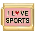 Close-up of gold Italian charm link with pink enamel and I Love Sports text engraving - I LOVE SPORTS (2472)