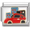 Detail of Italian style stainless steel charm bead with red car enamel design - Car and City Buildings (2477)