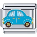 Detailed macro view of a polished stainless steel link charm with a blue cartoon car - Blue Small Car (2478)