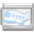 Close-up of stainless steel bead charm link with blue airplane enamel for DIY bracelets - Airplane (2479)