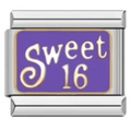 Italian charm link featuring purple enamel and golden Sweet 16 text for DIY bracelets - SWEET 16 (2482)