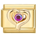 Italian style gold stainless steel charm with embossed heart and purple crystal gemstone - Gold Colorful Gemstone Heart (2473)
