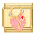 Italienisches Charm-Glied mit rosa Handtaschen-Design und kleinen Zirkonia-Steinen - Gold Kristall Rosa Handtasche (2566)