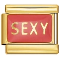 Nahaufnahme des goldenen Italian Charm-Glieds mit roter Emaille und Sexy-Schriftzug - Gold Rot SEXY (2567)