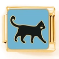 Italienisches Charm-Armband Glied aus Gold mit hellblauem Hintergrund und schwarzer Katze - Gold Kleine Schwarze Katze (2571)