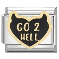 Italian modular charm in stainless steel featuring black heart with GO 2 HELL punk design - Go To Hell Heart Style (2553)