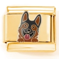 Italienischer Edelstahl-Charm in Gold mit Emaille-Motiv eines Deutschen Schäferhundes - Gold Zunge Raus Brauner Hund (2576)