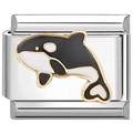 Italian modular charm link in stainless steel featuring a black and white orca whale design - Orca Pattern Style (2555)