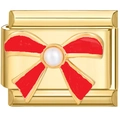 18K gold plated modular link charm with a red bow and a round white pearl center - Gold Red Bowknot Pearl Style (2289)