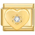 Italian modular charm link in 18K gold finish featuring a heart shaped zircon stone - Gold Heart Clear Zirconia Style (2262)
