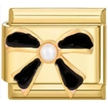 Italienisches Charm-Modul 18K vergoldet mit schwarzer Emaille-Schleife und Perle - Gold Schwarze Schleife Perle Stil (A2289)