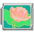 Maglia per bracciale italiano con loto rosa e foglie verdi in smalto colorato - Loto al Chiaro di Luna (4454)